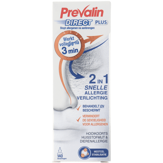 Foto van Prevalin Direct plus neusspray op witte achtergrond