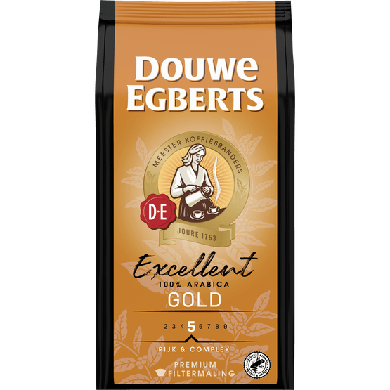 Foto van Douwe Egberts Filterkoffie excellent gold sterkte 5 op witte achtergrond