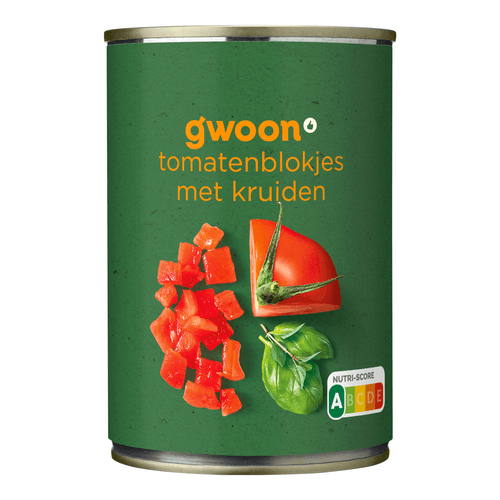 Foto van G'woon Tomatenblokjes met kruiden op witte achtergrond