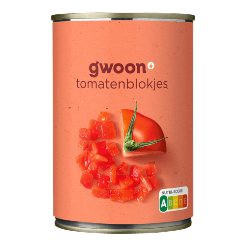 Foto van G'woon Tomatenblokjes op witte achtergrond