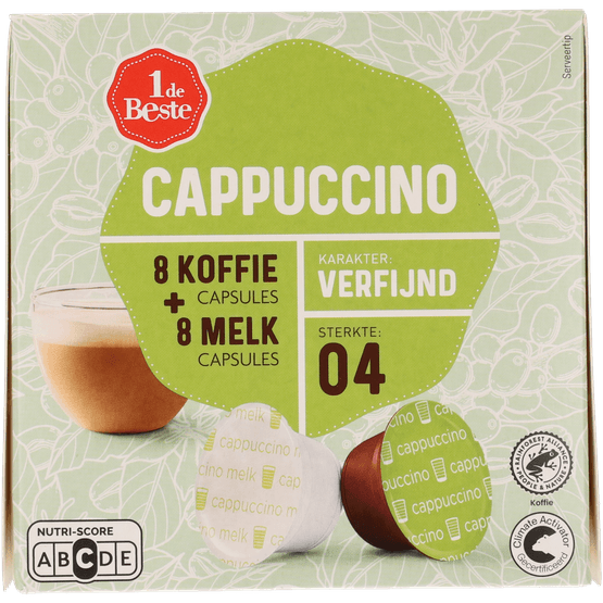 Foto van 1 de Beste Koffiecups cappuccino sterkte 4 op witte achtergrond