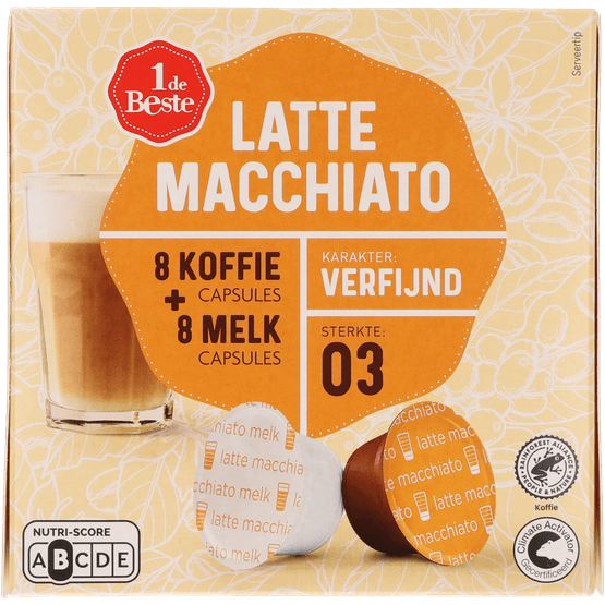 Foto van 1 de Beste Koffiecups latte macchiato sterkte 3 op witte achtergrond