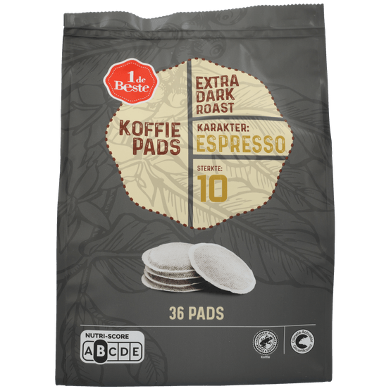 Foto van 1 de Beste Koffiepads extra dark roast op witte achtergrond