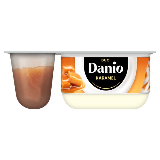 Foto van Danio Yoghurt duo met karamelsaus op witte achtergrond