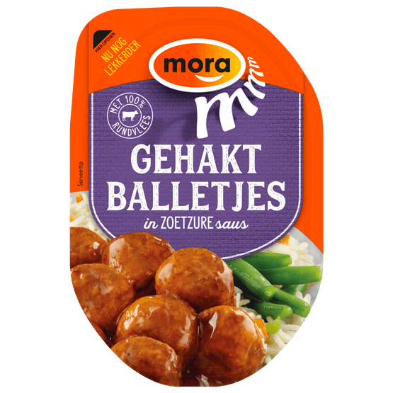 Foto van Mora Gehaktballetjes in zoetzure saus op witte achtergrond