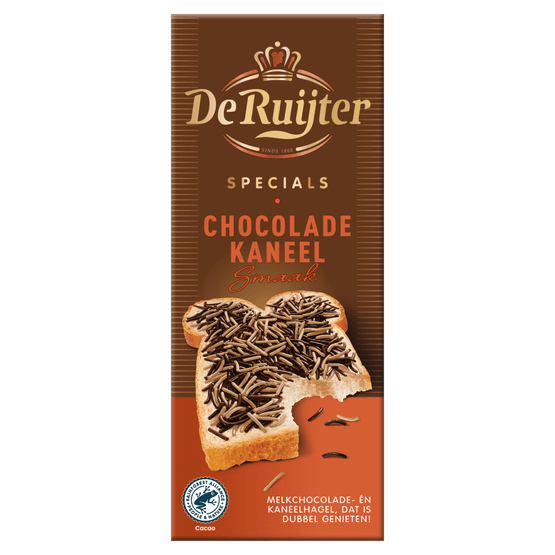 Foto van De Ruijter Chocoladehagel specials kaneel op witte achtergrond