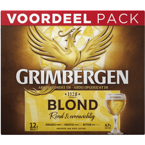 Foto van Grimbergen Blond 12x30 cl op witte achtergrond