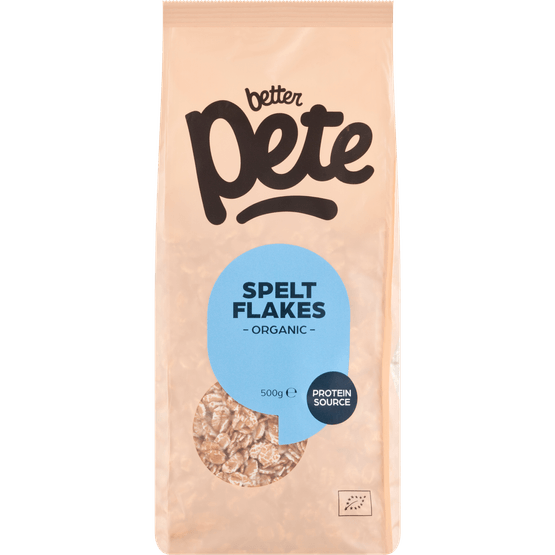 Foto van Better Pete Spelt flakes op witte achtergrond