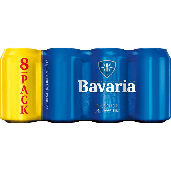 Foto van Bavaria Pilsener 8x33 cl op witte achtergrond