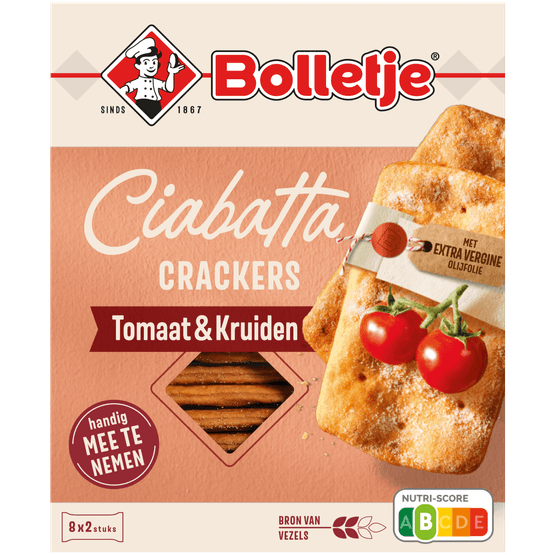 Foto van Bolletje Ciabatta tussendoor crackers tomaat-kruiden op witte achtergrond