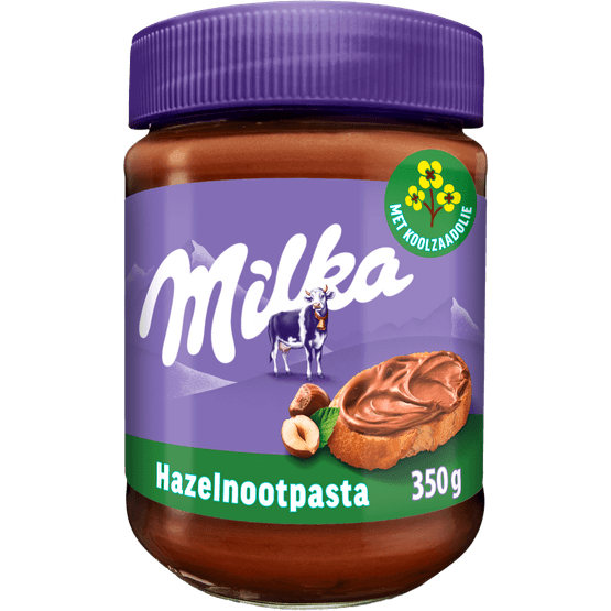 Foto van Milka Hazelnootpasta op witte achtergrond