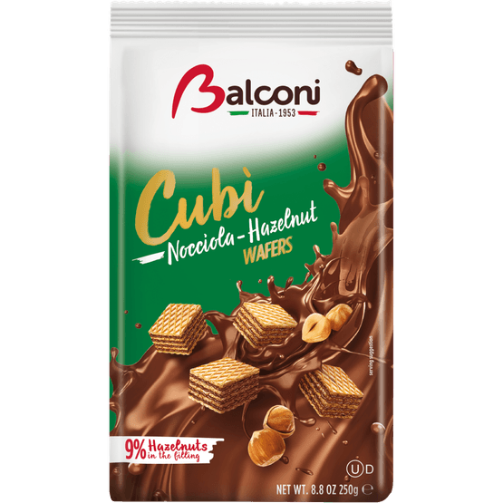 Foto van Balconi Wafer cubi nocciola op witte achtergrond