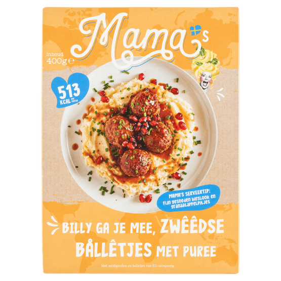 Foto van Mama's Puree met zweedse balletjes op witte achtergrond