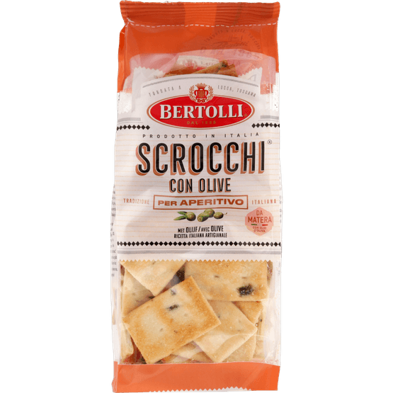 Foto van Bertolli Scrocchi con olive op witte achtergrond