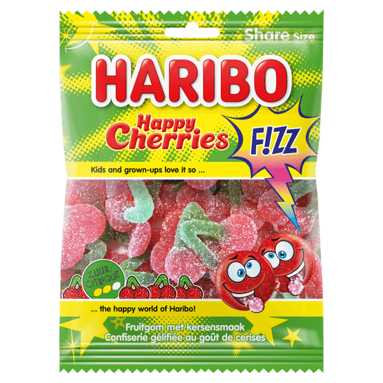 Foto van Haribo Happy cherries fizz op witte achtergrond