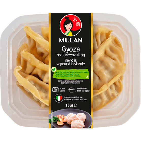Foto van Mulan Gyoza met vleesvulling op witte achtergrond