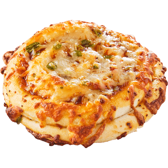 Foto van Vers afbak Pizza swirl bbq chicken op witte achtergrond