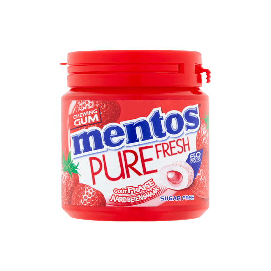 Foto van Mentos Gum pure fresh strawberry 50 stuks op witte achtergrond