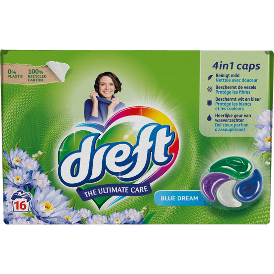 Foto van Dreft Wascapsules blauwe droom 4 in 1 op witte achtergrond