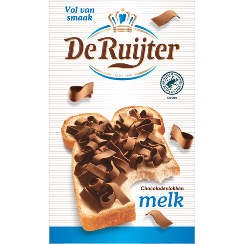 Foto van De Ruijter Chocolade vlokken melk op witte achtergrond