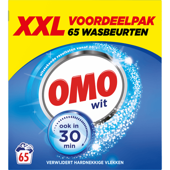 Foto van Omo Wasmiddel poeder wit 65 wasbeurten op witte achtergrond