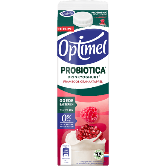 Foto van Optimel Probiotica drinkyoghurt framboos granaatappel op witte achtergrond