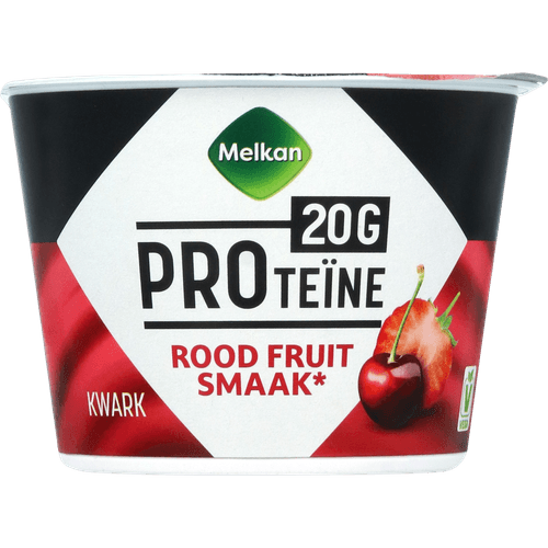 Foto van Melkan Proteine kwark rood fruit op witte achtergrond