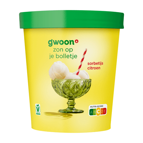 Foto van G'woon Sorbet ijs citroen op witte achtergrond