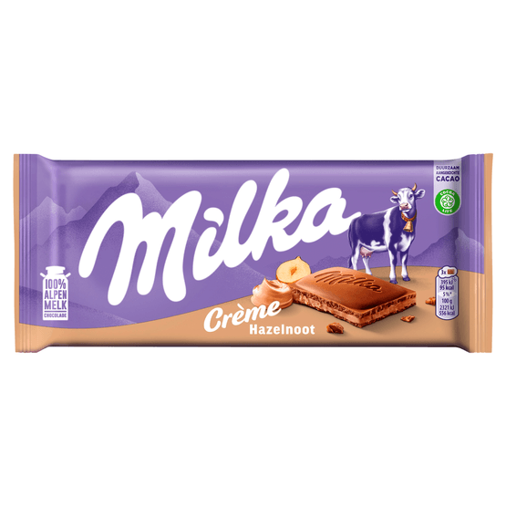 Foto van Milka Chocoladereep hazelnoot creme op witte achtergrond