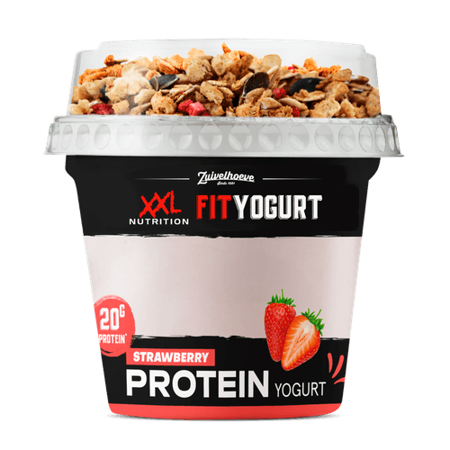 Foto van XXL Fit Yoghurt granola aardbei op witte achtergrond