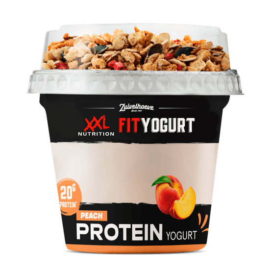 Foto van XXL Fit High protein yoghurt to go perzik op witte achtergrond