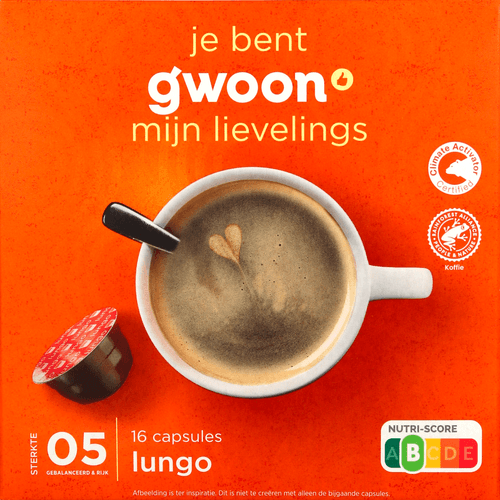 Foto van G'woon Koffiecups regular lungo sterk 5 op witte achtergrond