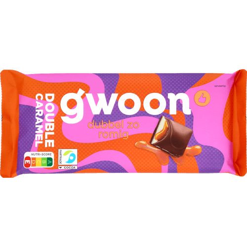 Foto van G'woon Chocoladereep melk double caramel op witte achtergrond