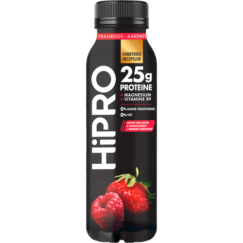 Foto van HiPRO Protein Drink Framboos Aardbei op witte achtergrond