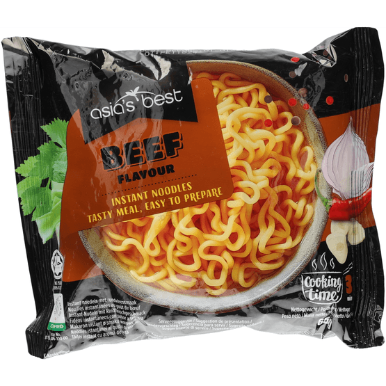 Foto van Asia's Best Noodles beef op witte achtergrond