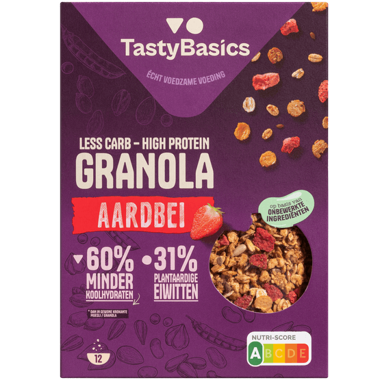 Foto van TastyBasics Granola aardbei op witte achtergrond