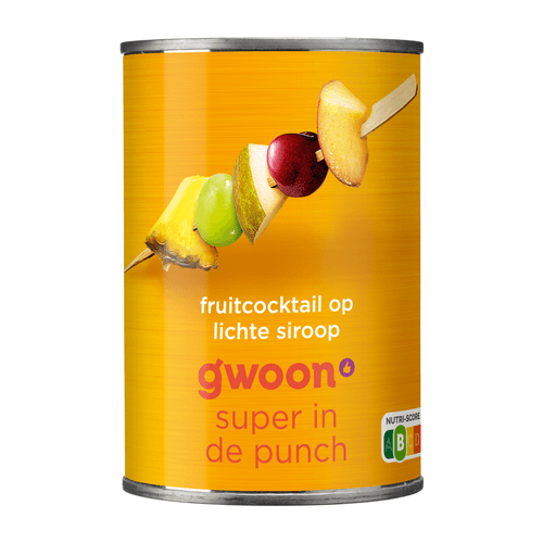 Foto van G'woon Fruitcocktail op siroop op witte achtergrond