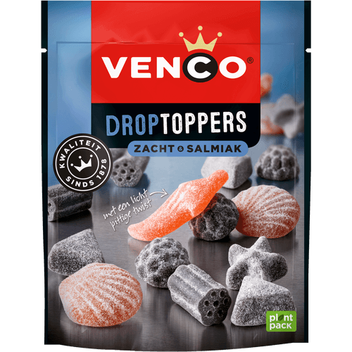 Foto van Venco Droptoppers zacht-salmiak op witte achtergrond