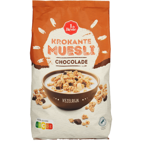 Foto van 1 de Beste Muesli krokant chocolade op witte achtergrond
