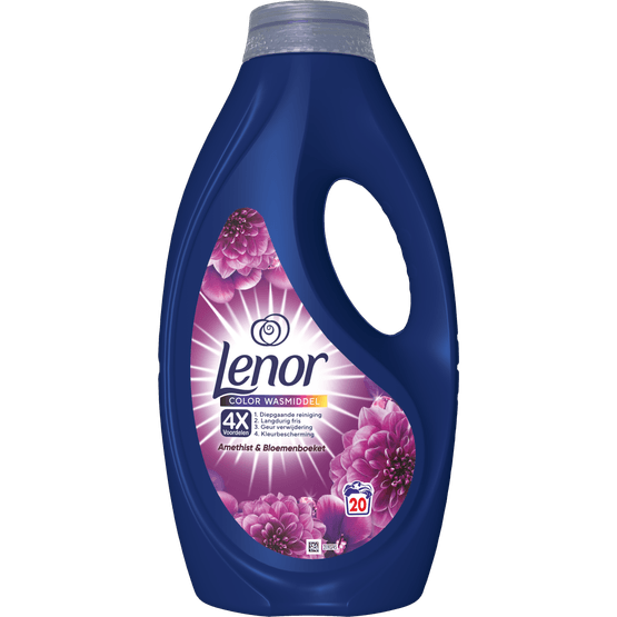 Foto van Lenor Wasmiddel vloeibaar amethist en bloemen 20wb op witte achtergrond