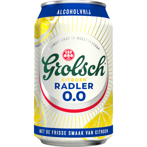 Foto van Grolsch Radler alcoholvrij citroen op witte achtergrond