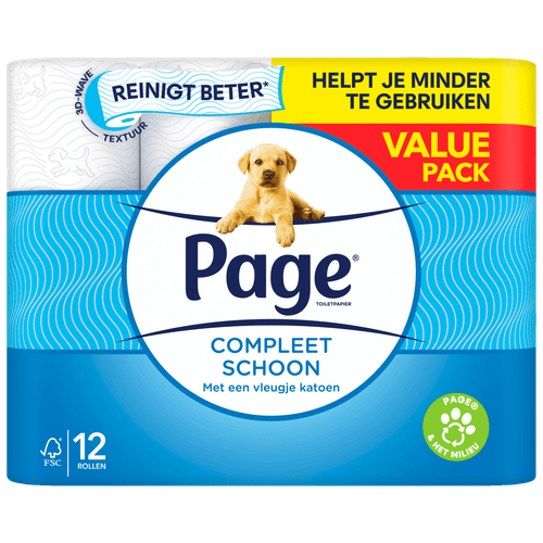 Foto van Page Toiletpapier 12 rollen compleet schoon op witte achtergrond