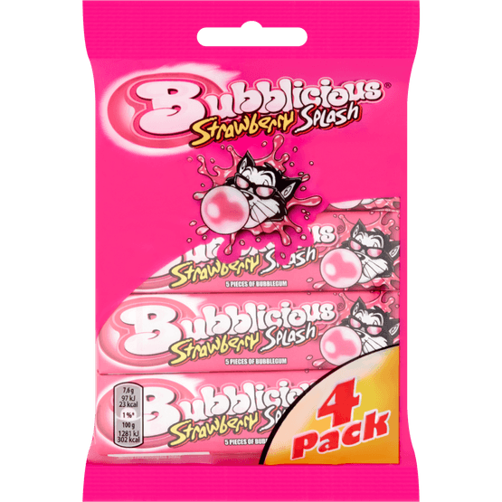 Foto van Bubblicous Strawberry splash 4 st. op witte achtergrond