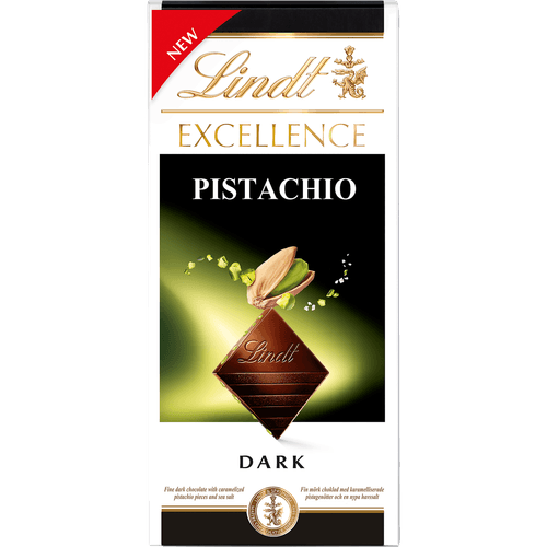 Foto van Lindt Chocoladereep dark pistache op witte achtergrond