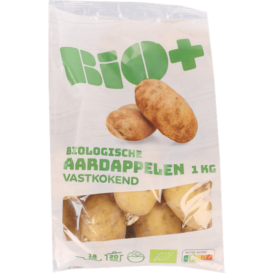 Foto van Bio+ Biologische aardappelen vastkokend op witte achtergrond