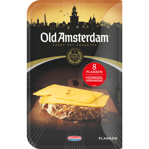 Foto van Old Amsterdam 48+ kaas plakken op witte achtergrond
