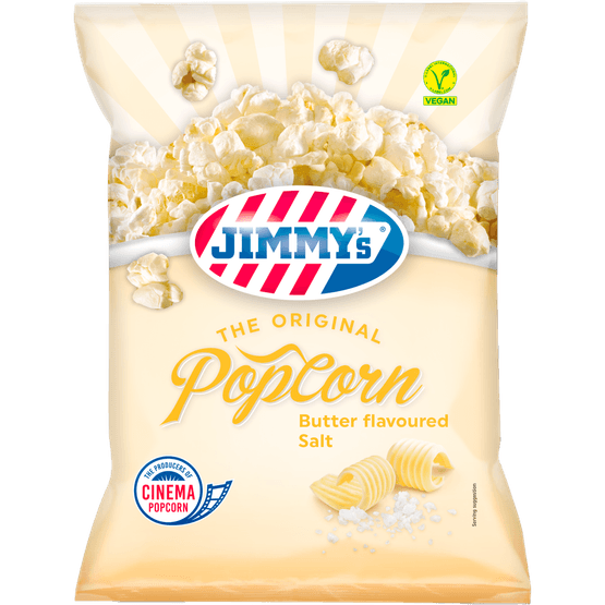 Foto van Jimmy's Popcorn butter flavoured salt op witte achtergrond