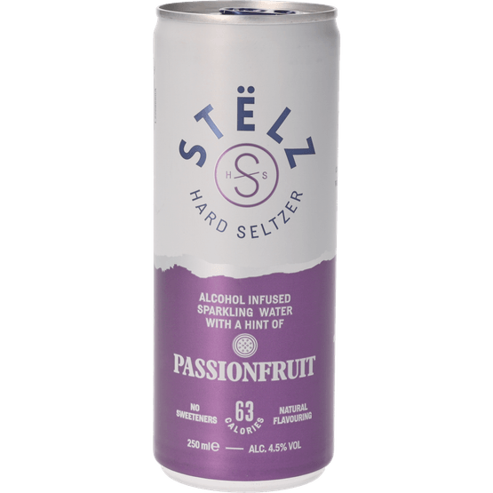 Foto van Stelz Hard seltzer passionfruit op witte achtergrond