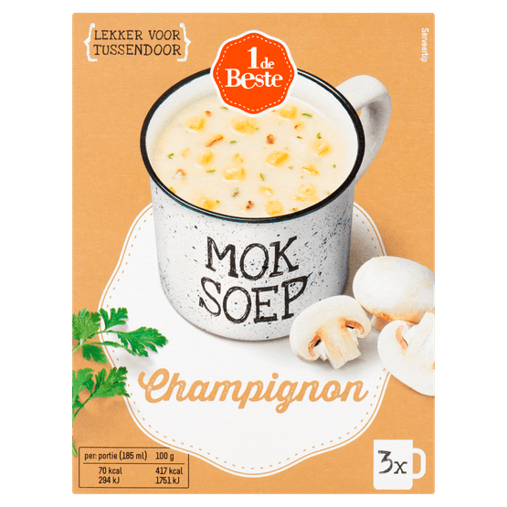 Foto van 1 de Beste 1 kop soep champignonsoep 3 st. op witte achtergrond