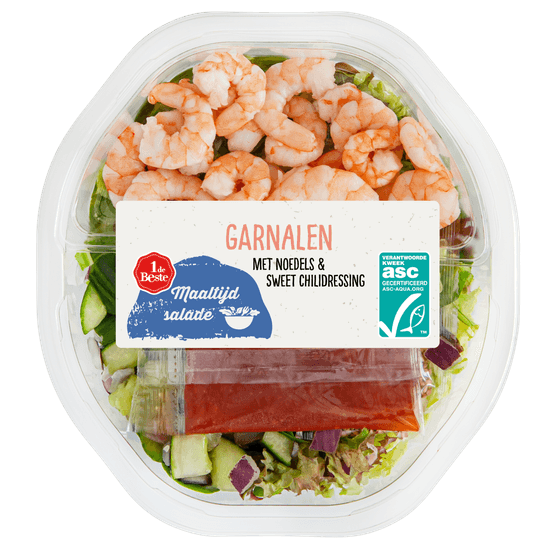 Foto van 1 de Beste Maaltijdsalade garnalen op witte achtergrond